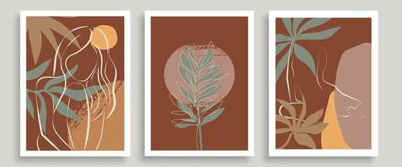 Fototapeta na wymiar Abstract Prints Set Boho or Bohemian Style with Line Art Elements. Minimalist Trendy Contemporary Design Perfect for Wall Art, Prints, Social Media, Posters, Invitations, Branding Design.