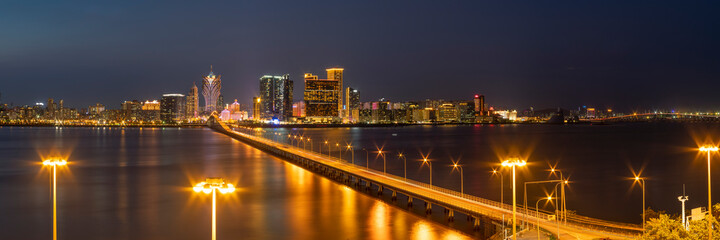 Taipa Bridge & Macau Cityscape from Taipa Island at night, Macau