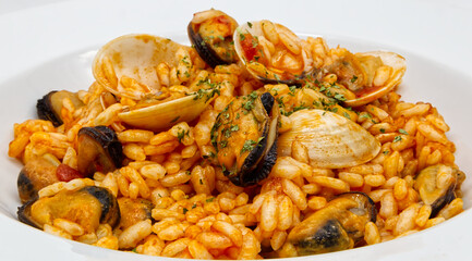 Delicious seafood risotto, Risotto ai frutti di mare, on white dish. Close-up
