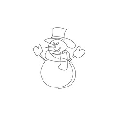 Snowman One Line Drawing. Cute Snowman Continuous Single Line Art Drawing. Christmas Trendy Style Symbol on White Background. Vector EPS 10