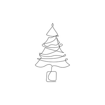 Continuous Line Drawing of Christmas Tree. Trendy Minimalist Illustrations for Christmas. Tree Line Abstract Drawing. Minimalist Contour Design for Winter Holiday. Vector EPS 10