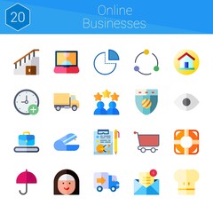 online businesses icon set. 20 flat icons on theme online businesses. collection of conveyor, chef hat, stapler, mail, umbrella, stairs, rating, pie chart, avatar, delivery truck