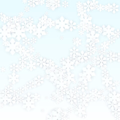 Christmas Vector Background with Falling Snowflakes. Isolated on Red Background. Realistic Snow Sparkle Pattern. Snowfall Overlay Print. Winter Sky. Papercut Snowflakes.