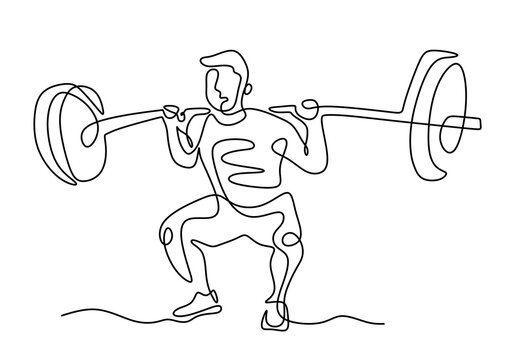 One continuous drawn weightlifter line art from the hand a picture of the silhouette. Weight lifting training concept. Character male athlete lifting barbell isolated on white background