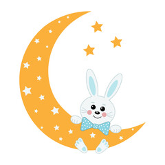 Children's illustration bunny hanging on the Moon, color vector illustration in flat style, design, decoration, paper craft