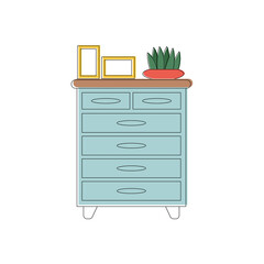 Chest of drawers or nightstand in line art style. A houseplant and books are on the cupboard. Vector