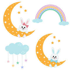 Set of children's illustration bunnies on the Moon, rainbow and star cloud, color vector illustration in flat style, clipart, paper scrapbooking, design, decoration