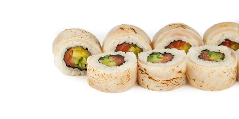 Sushi Roll with perch tataki and salmon in ponzu sauce on a white background, ingredients seared sea bass, salmon, cucumber, takuan, ponzu sauce, rice, nori. For the restaurant menu.