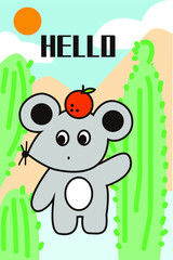 Hand drawn cartoon cute cactus greeting mouse carpet