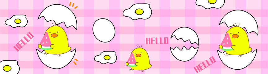 Hand drawn cartoon cute broken shell chick plaid kitchen rug