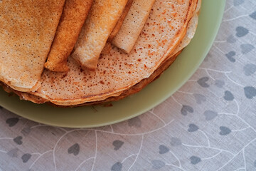 Russian pancakes. Maslenitsa and crepe week concept. Top view, copy space