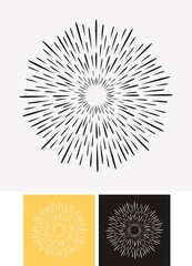 Hand drawn sunburst, vintage radial burst, abstract line sunshine vector collection