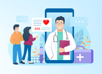 Doctor consults patients online through mobile application at smartphone in flat style. Family get consultation from cardiologist. Pharmacy support, medicine or medical healthcare services concept.