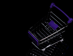 Empty shopping cart on shopping basket. Closeup, top view. Retail and commerce creative minimal concept