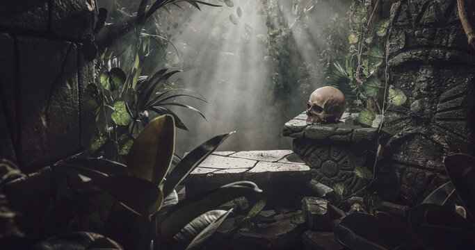 Fototapeta Human skull and ancient ruins in the jungle