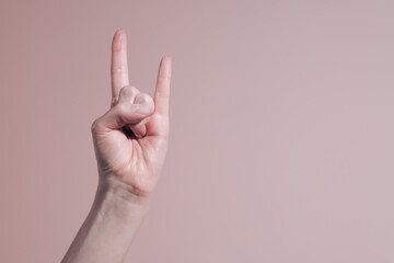 Female hand showing rock and roll gesture sign. Hand signs communication concept