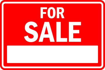 For sale sign with white rectangle at bottom for writing name or contact number. White on red background. Business signs and symbols.
