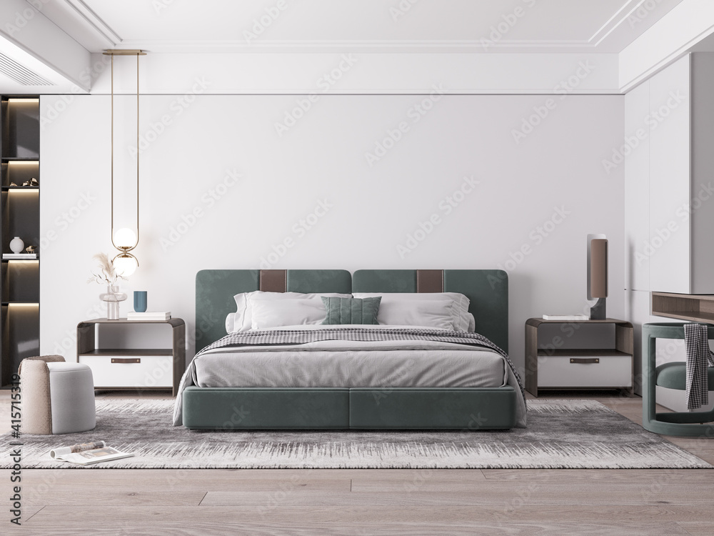 Wall mural interior bedroom wall mockup - 3d rendering, 3d illustration