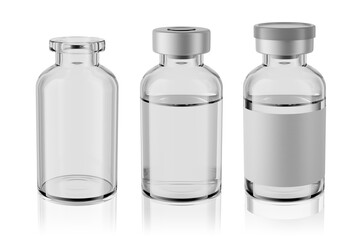 Vaccine clear glass injection vials set isolated. 3d rendering mockup.