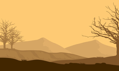 Beautiful silhouettes of dry trees and Desert Mountains at sundown. Vector illustration