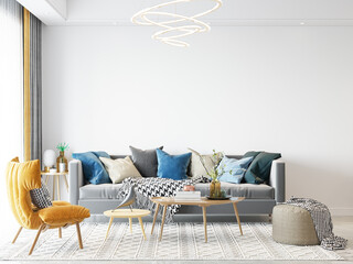 Interior Living Room Wall Mockup - 3d Rendering, 3d Illustration 
