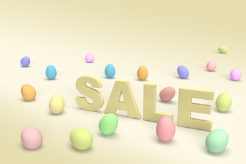 Colorful eggs for happy Easter around yellow text sale as abstract background.