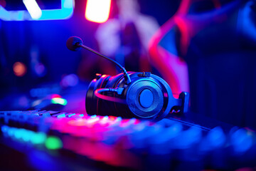 Headphones with microphone for video games and cyber esports on neon background of gaming monitor