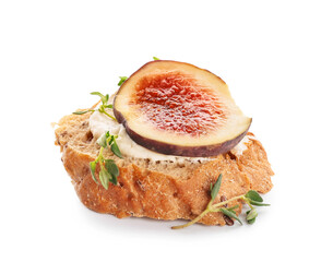 Tasty sandwich with fig on white background