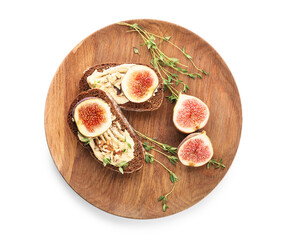 Tasty sandwiches with fig on white background