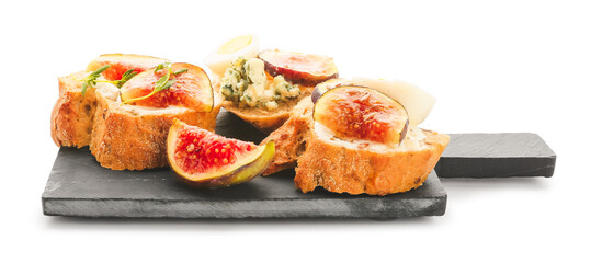 Tasty sandwiches with fig on white background