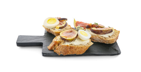 Tasty sandwiches with fig on white background