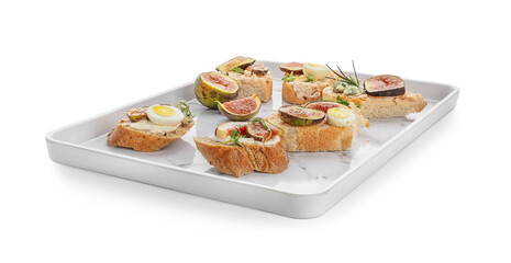Tasty sandwiches with fig on white background