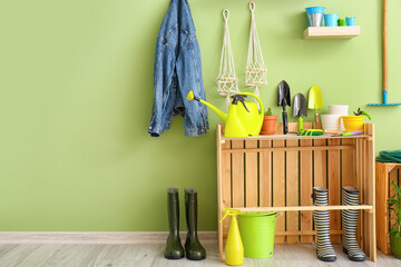 Set of gardening supplies in barn