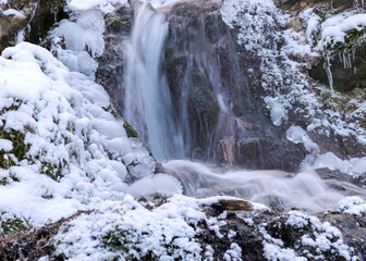 frozen fast flowing spring water, icy rocks and water stream, frosty tree roots, beautiful ice and water texture