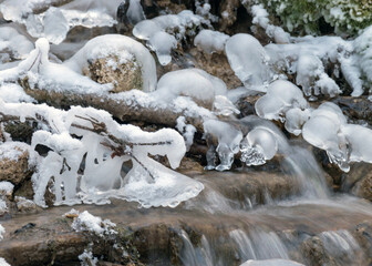 frozen fast flowing spring water, icy rocks and water stream, frosty tree roots, beautiful ice and water texture