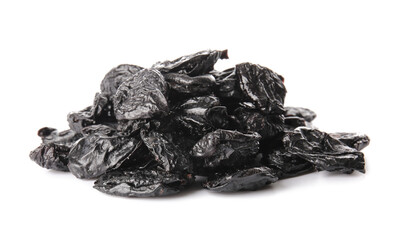 Sweet dried prunes on white background