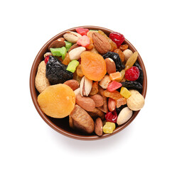 Bowl with different dried fruits on white background