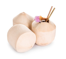 Fresh coconuts on white background