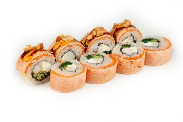 Sushi Roll with salmon tataki and blanched spinach on white plate, ingredients Salmon, shrimp, blanched spinach, cream cheese, cucumber, Spicy sauce, Teriyaki sauce, cashews, rice, nori.