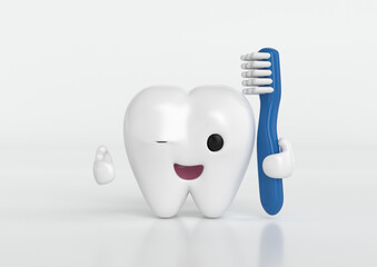 Modelo dental 3D de diente sano y feliz, cepillado dental, salud e higiene dental. 