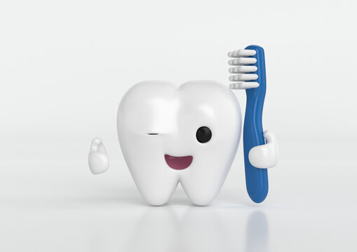 Modelo dental 3D de diente sano y feliz, cepillado dental, salud e higiene dental. 