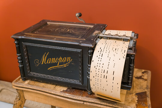 Gorodets, Russia - September 19, 2020: Vintage music box in museum