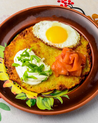 Healthy breakfast fried egg on a plate, healthy food. Ukrainian cuisine concept.