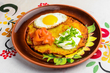 Healthy breakfast fried egg on a plate, healthy food. Ukrainian cuisine concept.