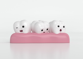 Modelo dental 3D de dientes apiñados y tristes,  salud e higiene dental. 