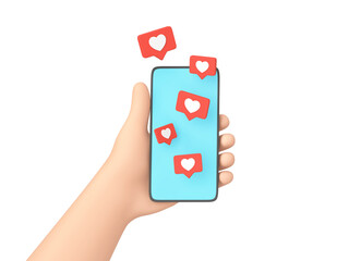 Cartoon hand holding smartphone with Like symbols. Social media concept