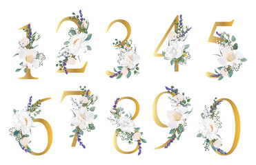 Floral Number. Set digits with botanical bouquet. Wedding invitations, greeting card, birthday, logo, poster other ideas. Vector illustration.