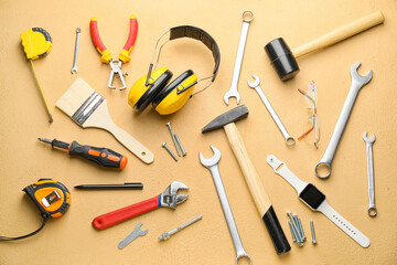 Set of tools on color background