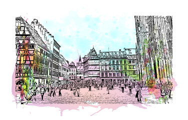 Building view with landmark of Strasbourg is the
city in France. Watercolour splash with hand drawn sketch illustration in vector.