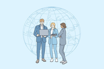 Business internet connection concept. Group of young smiling business people standing with laptop over planet hologram discussing projects together in team vector illustration 